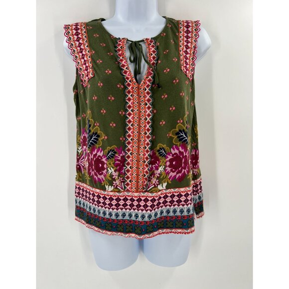 Anthropologie S Green Floral Embroidered Sigrid Tank Top Tie Neck Ruffle Boho - Picture 1 of 9